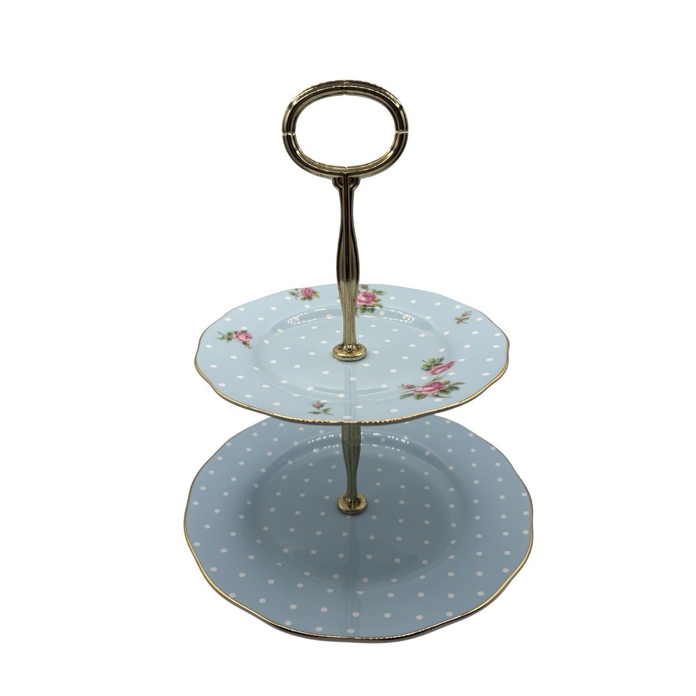 Royal Albert Polka Blue Gold Rimmed Two-Tier Cake Stand